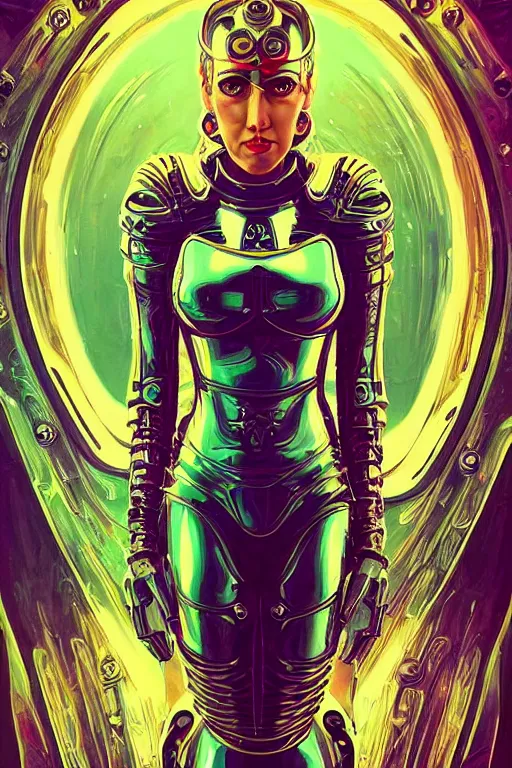 Image similar to retro-futuristic portrait of a beautiful female android wearing chrome armour, underwater, ornate background, ornate pattern, glowing eyes, evil expression, high details, intricate details, renaissance style, painting by vincent di fate, artgerm julie bell beeple, 80s, Smooth gradients, High contrast, depth of field, very coherent symmetrical artwork