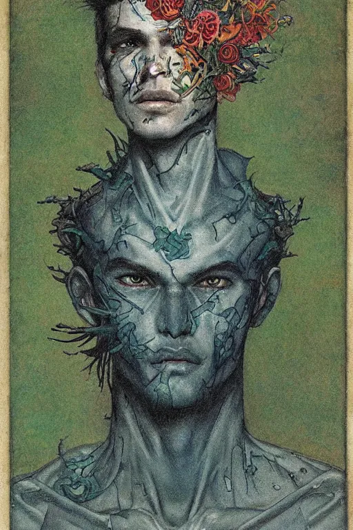 Image similar to portrait of beautiful young man, warhammer, japanic style, cyberpunk, a lot of scars, more and more flowers, blue head, green side, the middle ages, highly detailed, artstation, illustration, art by jean delville, 8 k quality