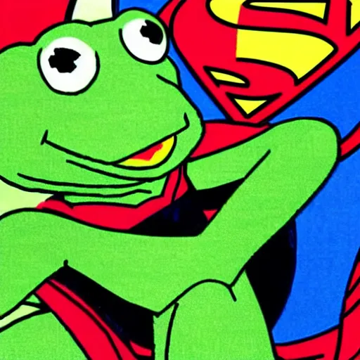 Image similar to superman holding kermit the frog by the throat, floating, superheroes, comic