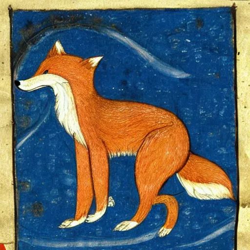 Image similar to anthropomorphic fox who is a medieval knight standing steadfast towards a stormy ocean, illuminated manuscript