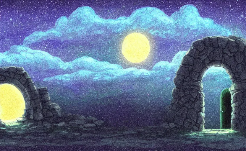 Prompt: a cell - shaded studio ghibli concept art study of a square dimensional portal doorway in egpyt on a misty starry night. water is flowing out of the mouth of the portal. very dull colors, hd, 4 k, hq