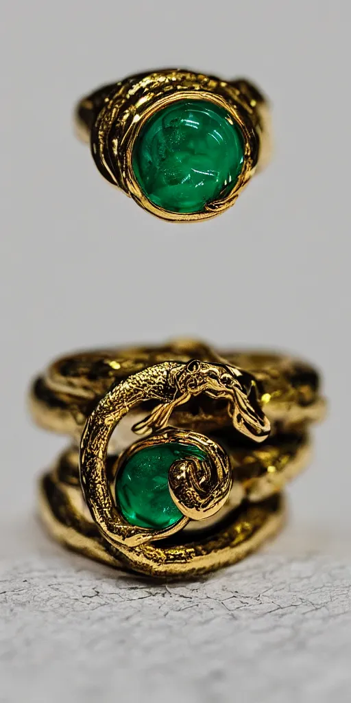 Prompt: golden ouroboros ring with emerald eyes, Nikon D810, ƒ/5.6, focal length: 60.0 mm, ISO: 200