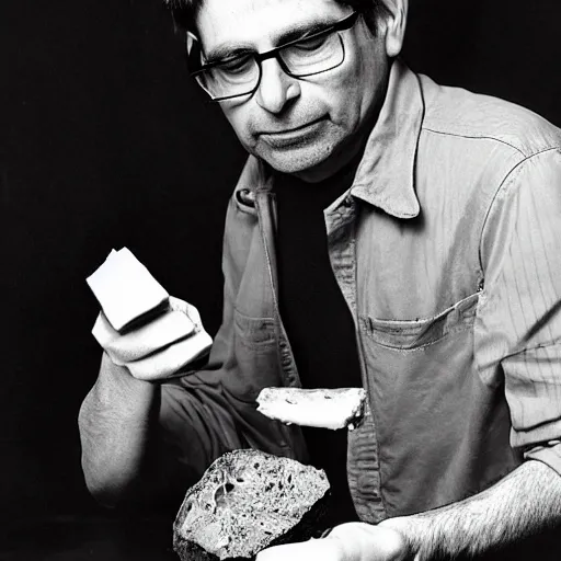 Image similar to steve albini eating a loaf of fresh bread and some good cheese or roast beef, portrait, by francois bucher