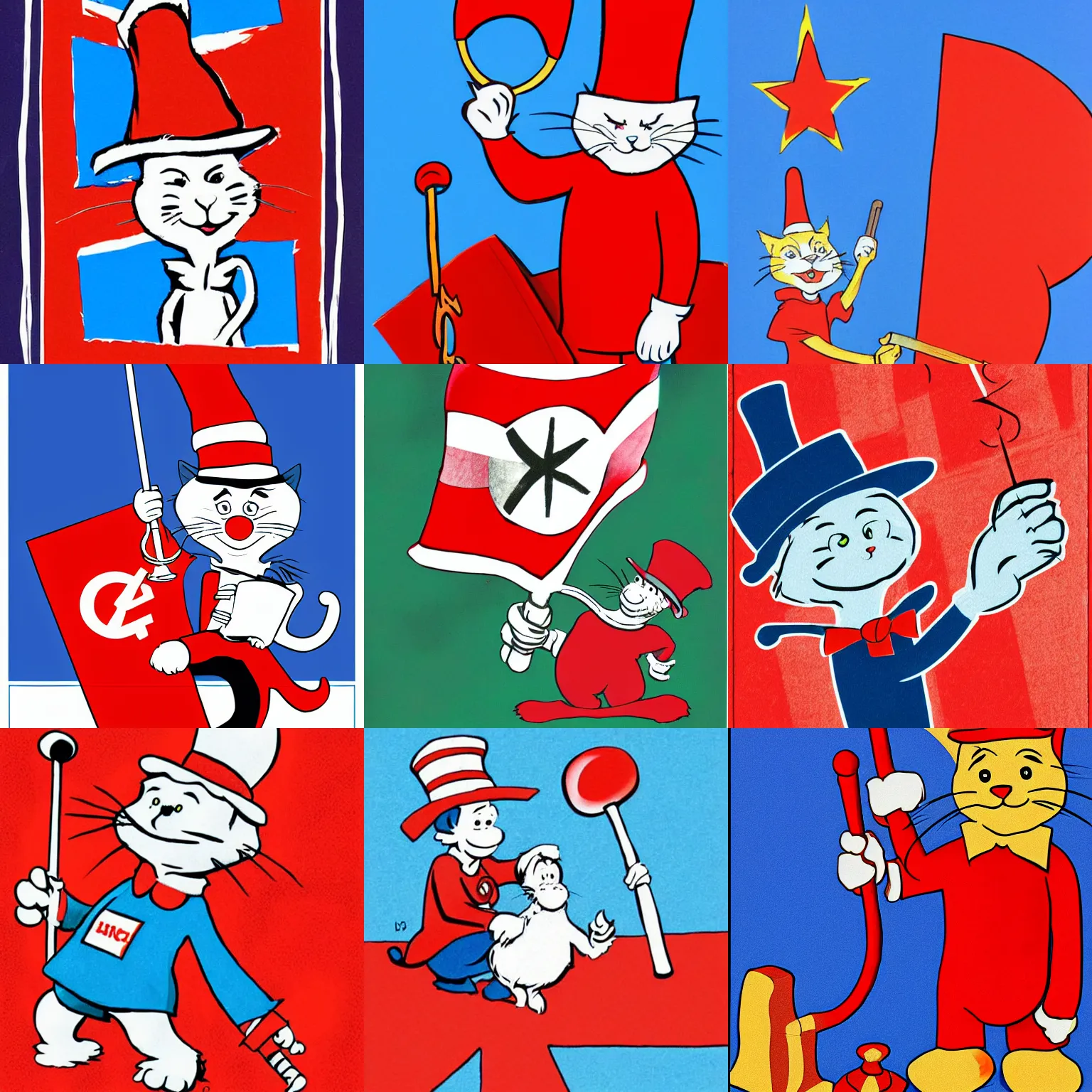 Prompt: the cat in the hat holding a ussr flag, hammer and sickle, children's book illustration, in the style of dr. seuss, detailed, playful