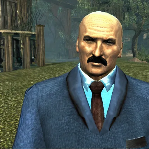 Image similar to Alexander Lukashenko wearing a suit and tie in Balmora in Elder Scrolls III: Morrowind, outdated 2002 Morrowind graphics, low definition, lowpoly