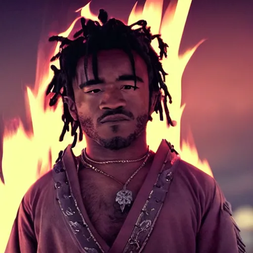 Prompt: cinematic film still of Lil Uzi starring as a Samurai holding fire, Japanese CGI, VFX, 2022, 40mm lens, shallow depth of field, film photography