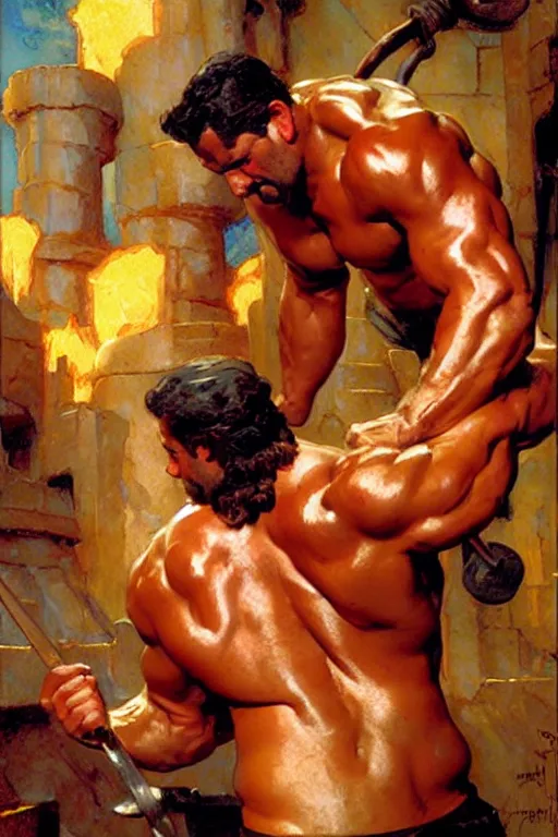 Prompt: muscular hephaestus working at his forge painting by gaston bussiere, craig mullins, j. c. leyendecker, tom of finland