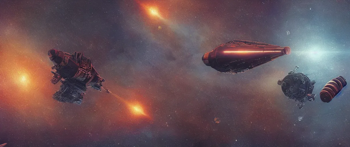 Prompt: tiny spaceship, deep space exploration!!!, flying, the expanse tv series, industrial design, the final frontier, illustrative!!, punk!!!, space pirate, painterly, hyperdetailed, hyperrealistic, utilitarian cargo ship, underexposed, cinematic lighting, 4k, wide angle, beksinski