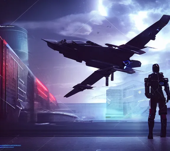 Prompt: fighter pilot stands beside futuristic sci fi fighter jet landed at runway of cyberpunk city ,dark cinematic lighting , digital concept art