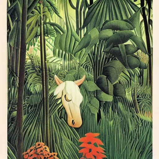 Image similar to A unicorn, nature, jungle, Henri Rousseau
