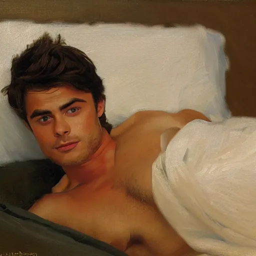 Prompt: Harold knight painting of zach efron posing in a studio wrapped in bed sheets,