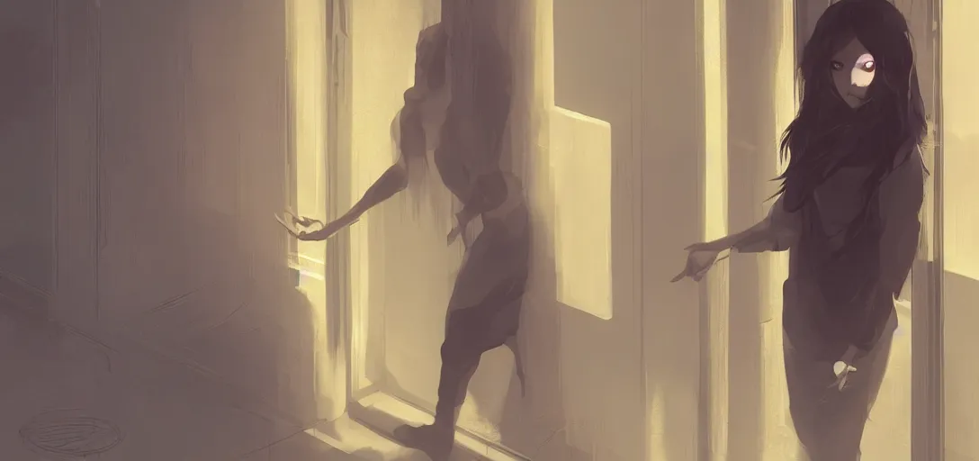 Prompt: Young Himalayan woman waiting by a door | night time scene, plain walls | white eyes, long messy hair | somber lighting, futuristic, dim lighting, digital art by Makoto Shinkai ilya kuvshinov and Wojtek Fus, digital art, concept art,