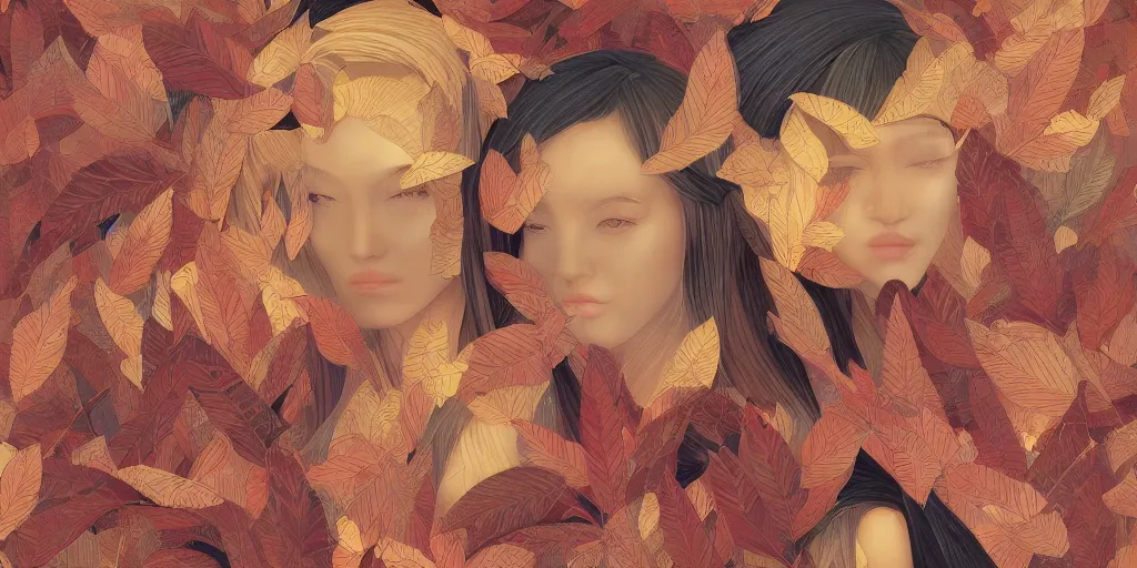 Prompt: breathtaking detailed concept art painting kaleidoscope art deco pattern of blonde faces goddesses amalgamation autumn leaves, by hsiao - ron cheng, bizarre compositions, exquisite detail, extremely moody lighting, 8 k