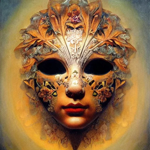 Image similar to masterpiece painting of a facemask made of stylized flowers, by annie swynnerton and jean delville and tino rodriguez, flower mask, symbolist, dramatic lighting, god rays, elaborate geometric ornament, clean crisp graphics, soft cool colors, smooth, sharp focus, extremely detailed