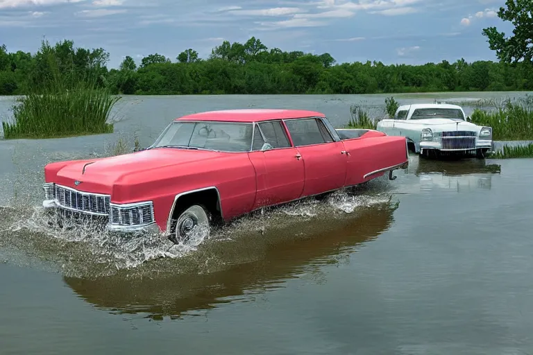 Prompt: spongebob squarepants driving a cadillac in a wetland, realistic photograph