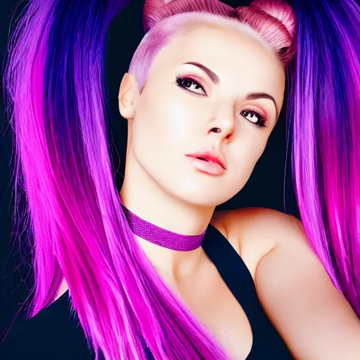 Image similar to a award winning action upper body portrait of a beautiful woman with a ombre purple pink hairstyle with head in motion and hair flying, choker, hoop earrings, outrun, vaporware, highly detailed, fine detail, intricate
