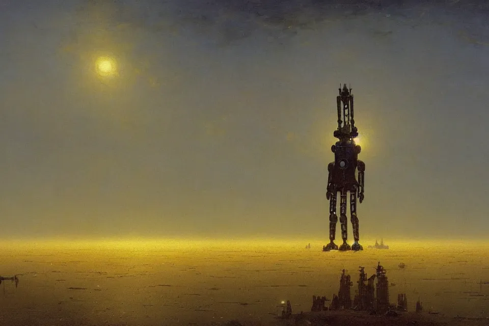 Image similar to sci-fi painting of a large alien city on the vast wheat fields, the closed back view of only one humanoid robot on the ground, by Ivan Aivazovsky, godrays, detailed