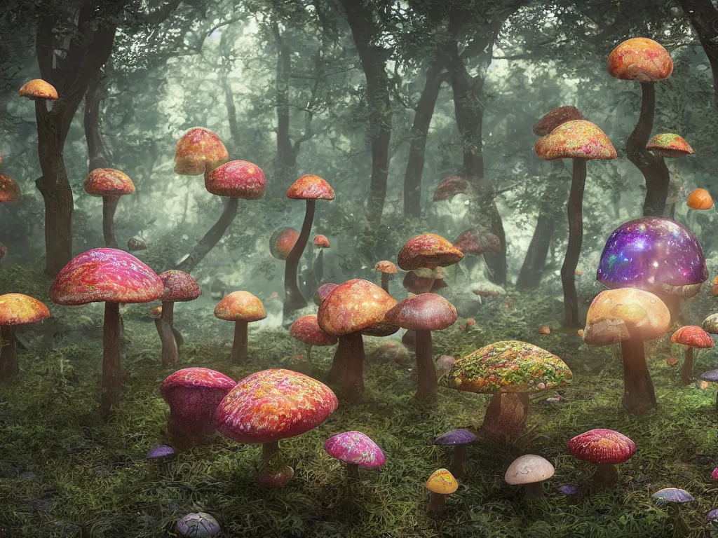 Image similar to The universe is a spheroid region!! forest of enchanted mushrooms, 3d render, Sunlight Study, by Carducius Ream and ((((Lisa Frank)))), Art Nouveau, 8k, extreme detail, sharp focus, octane render
