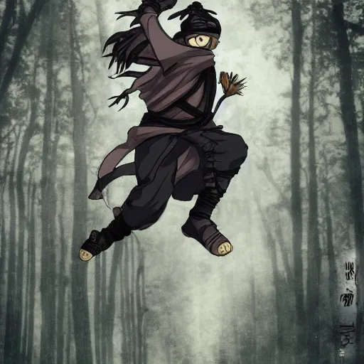 Image similar to a ninja in a moody forrest jumping, anime, steampunk, insanley detalied