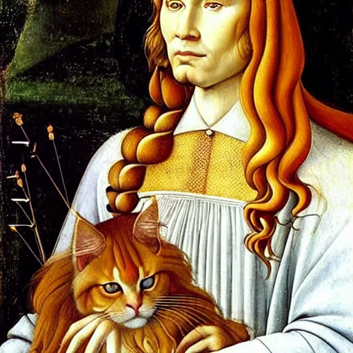 Prompt: beautiful renaissance painting portrait of ginger maine coon with white beard by sandro botticelli, jan van eyck, tiziano vecelli, piero della francesca