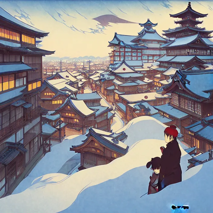 Image similar to japanese city, winter, in the style of studio ghibli, j. c. leyendecker, greg rutkowski, artem