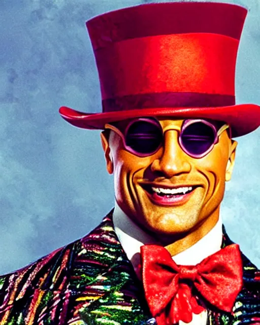 Image similar to Film still close-up shot of Dwayne Johnson as Willy Wonka from the movie Willy Wonka & The Chocolate Factory. Photographic, photography