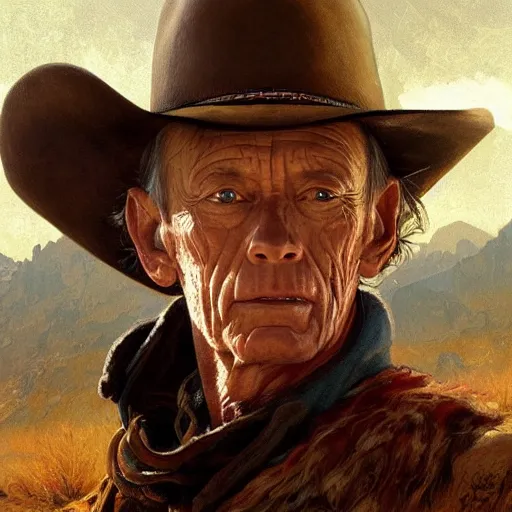 Image similar to a man, lance henriksen, cowboy hat, portrait, wild west, fantasy, highly detailed, digital painting, artstation, concept art, sharp focus, illustration, art by artgerm and greg rutkowski and alphonse mucha