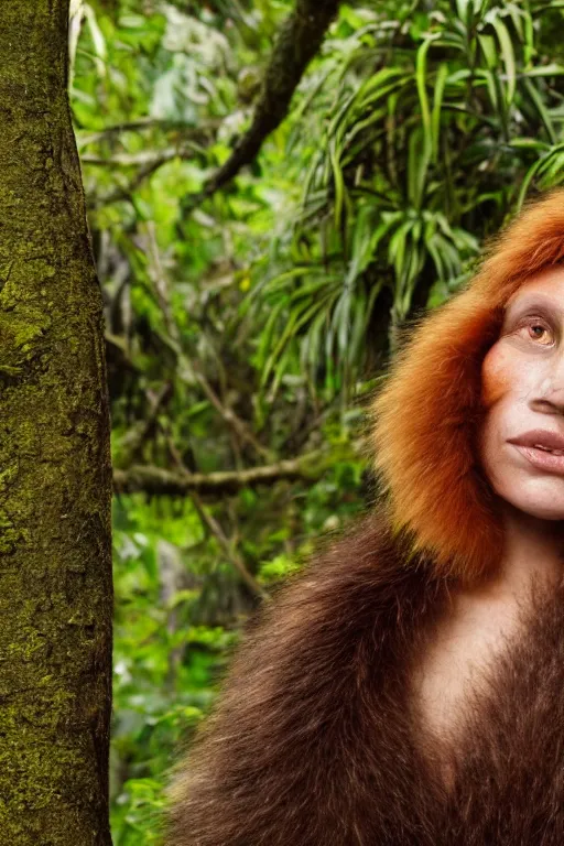 Prompt: a professional portrait photo of a neanderthal woman in the tropical jungles, ginger hair and fur, extremely high fidelity, natural lighting, national geographic magazine cover.