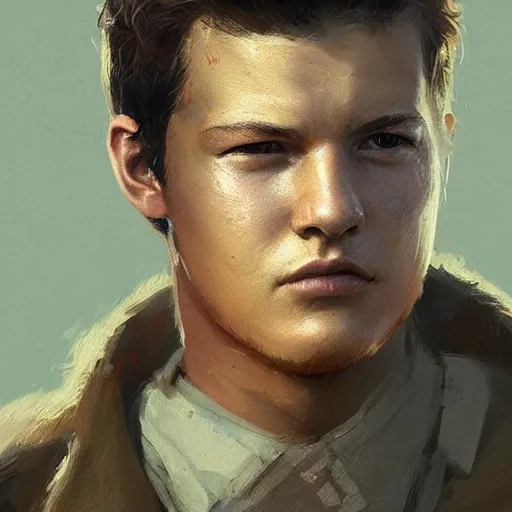 Prompt: portrait of a man by Greg Rutkowski, who looks like a mixture between Joe Keery and Tye Sheridan wearing orange camouflage military fatigues, scifi, highly detailed portrait, digital painting, artstation, concept art, smooth, sharp foccus ilustration, Artstation HQ