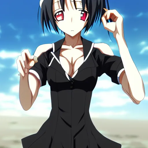 Image similar to female action anime girl, black dress, gum, symmetrical faces and eyes symmetrical body, middle shot waist up, Madhouse anime studios, Black Lagoon, Wit studio anime, 2D animation