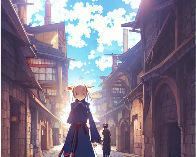 Prompt: anime visual, portrait of a young female walking through a busy medieval village, face by yoh yoshinari, murata range, last exile, blue submarine no 6, dynamic pose, matte print, dynamic perspective, detailed silhouette, cel shaded anime