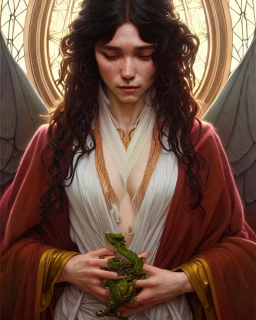 Image similar to a robed precursor species, fantasy character portrait, ultra realistic, intricate, elegant, highly detailed, digital painting, artstaion, smooth, sharp, focus, illustration, art by artgerm and greg rutkowski and alphonse mucha