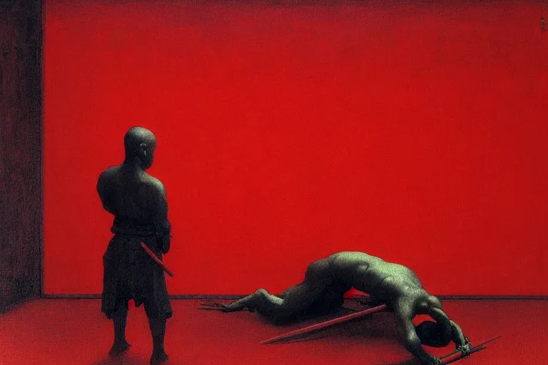 Image similar to only with red, a red samurai do seppuku, tokio, a lot of frogs watch, in the style of beksinski, parts by edward hopper, parts by rodcenko, parts by yue minjun, intricate and epic composition, red by caravaggio, insanely quality, highly detailed, masterpiece, red light, artstation, 4 k