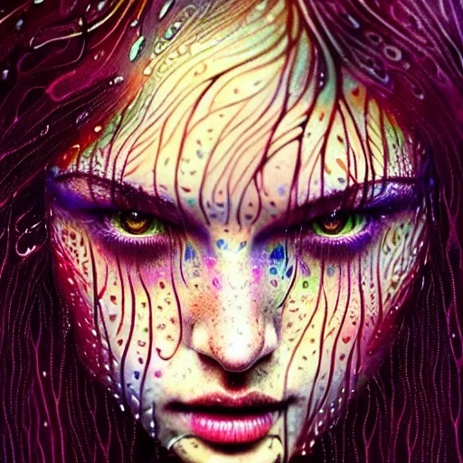 Image similar to face of girl in psychedelic LSD rain with wet hair and face, fantasy, intricate, elegant, dramatic lighting, intense emotion, highly detailed, lifelike, photorealistic, digital painting, artstation, concept art, smooth, sharp focus, illustration, art by John Collier and Albert Aublet and Krenz Cushart and Artem Demura and Alphonse Mucha