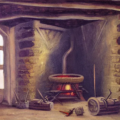 Image similar to detailed painting of a medieval forge, 4 k