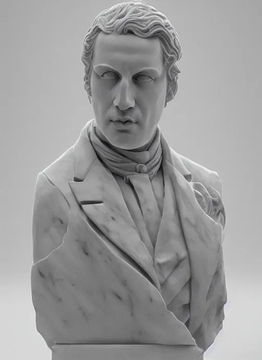 Prompt: an orthographic bust white marble sculpture of bin firnas, by Wes Anderson