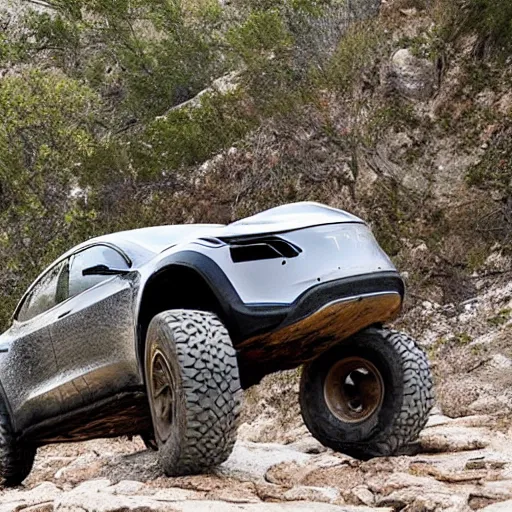 Image similar to rock crawling, off - road, lifted tesla model y, large tires, photo