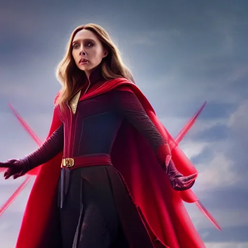 Image similar to A portrait of elizabeth olsen as scarlet witch from the movie doctor strange 2, cinematic, 8k