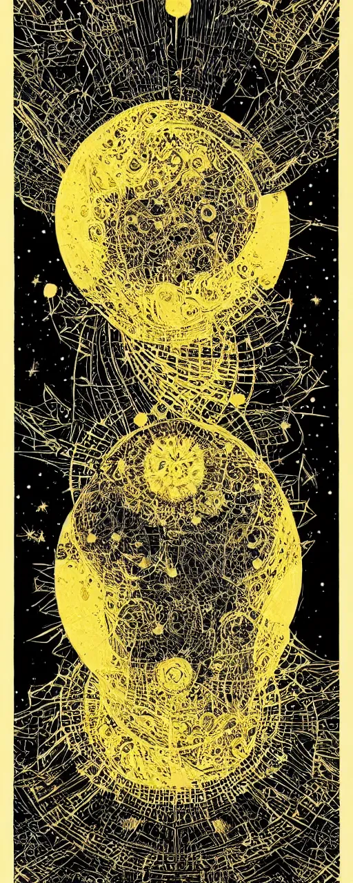 Image similar to disco diffusion portrait of Thom Yorke, on the moon:: cosmic tarot card, intricate fractal details, golden lines, broken reality, fanciful floral mandelbulb, black paper, style of wes anderson