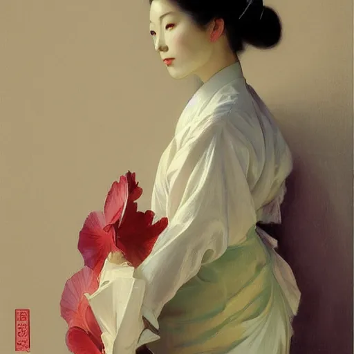 Image similar to yanjun cheng portrait of a beautiful geisha android floral pattern by norman rockwell, bouguereau