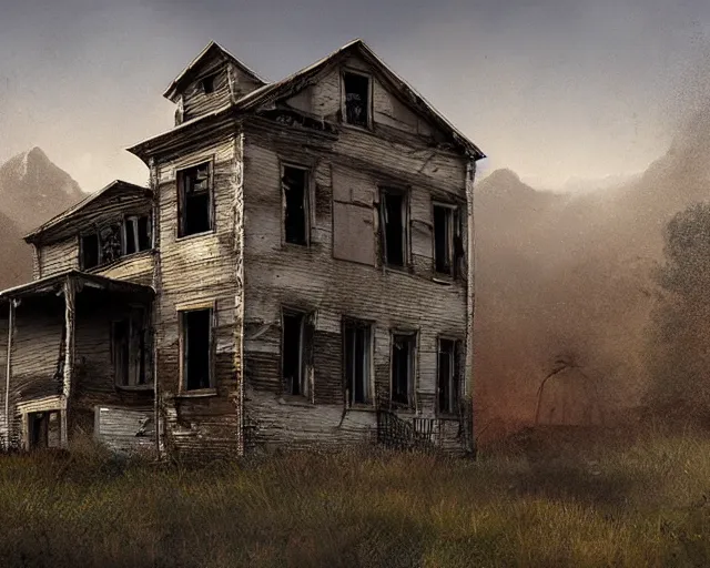 Prompt: matte painting of abandoned house by jonathan solter