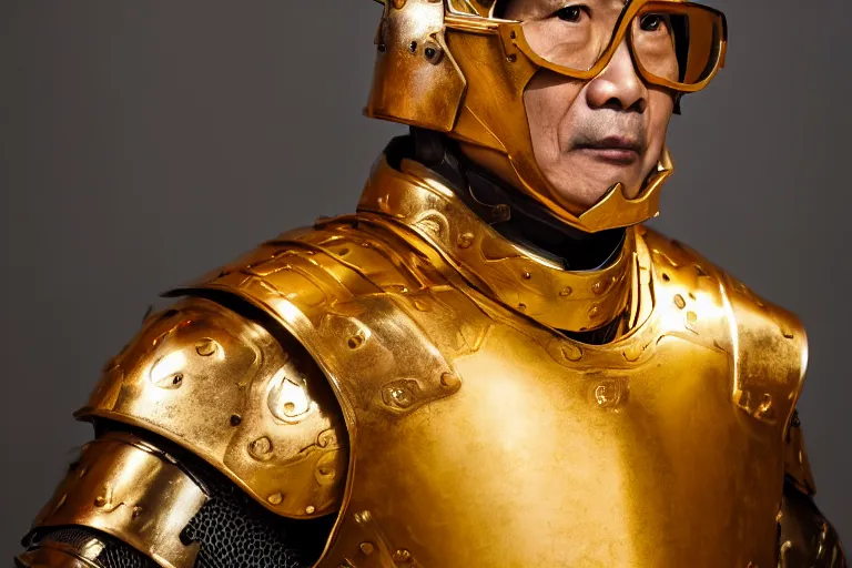 Prompt: a cinematic studio headshot portrait of a middle aged asian man wearing gold plated armour, orange color theme, dramatic lighting, back light, hair light, rim light, 4 k, ultra realistic, by annie leibovitz