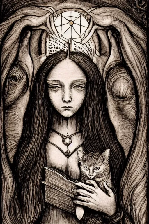 Image similar to da vinci illustration of romantic girl, her cat and her book of necronomicon, symmetrical, cinematic, sharp focus, 4 k, ultra hd, sense of awe, sinister demonic atmosphere, dreadful, forbidden knowledge, old gods, cthulhu, yog - sothoth! yah, yah, yah! cultist journal cover