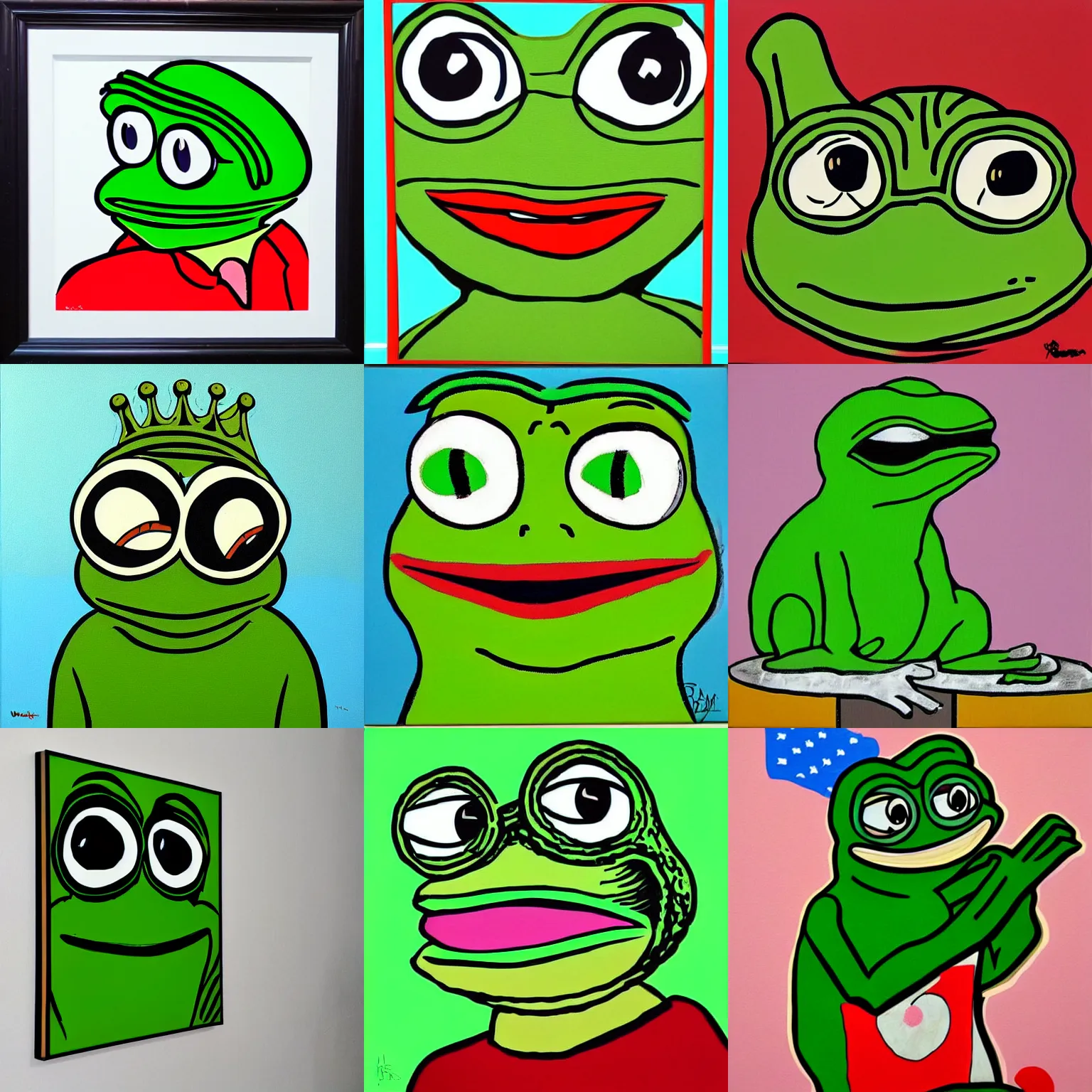 Prompt: pepe the frog,pop art masterpiece painting by Walter Battiss,