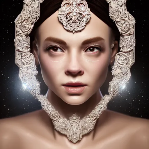 Prompt: portrait of wonderful princess of diamonds with fair skin, looking up, ornate 8 k gorgeous intricate detailed, white accent lighting, dramatic cinematic light, award winning photography, octane render