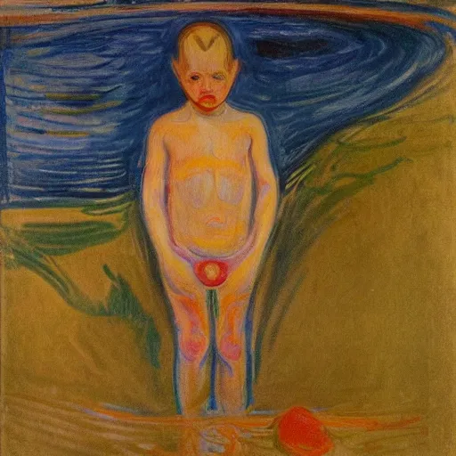 Prompt: in the style of Edvard Munch and, a boy is Looking at the lotus in the lake,very high details, facial details, Realism painting, 4K ,