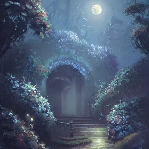 Prompt: a beautiful painting of the moon fell into the blue roses bushes, greg rutkowski style, trending on artstation, - w 1 0 2 4