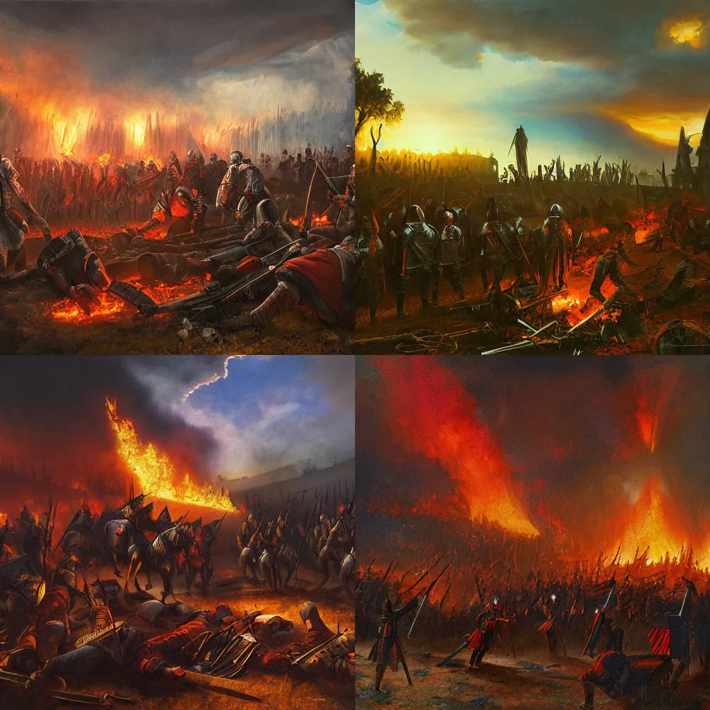 Prompt: painting of the battleground after the battle, the corpses of medieval knights lie, fire blazes in the distance, epic artwork, atmospheric light, by Evgeny Botvinnik