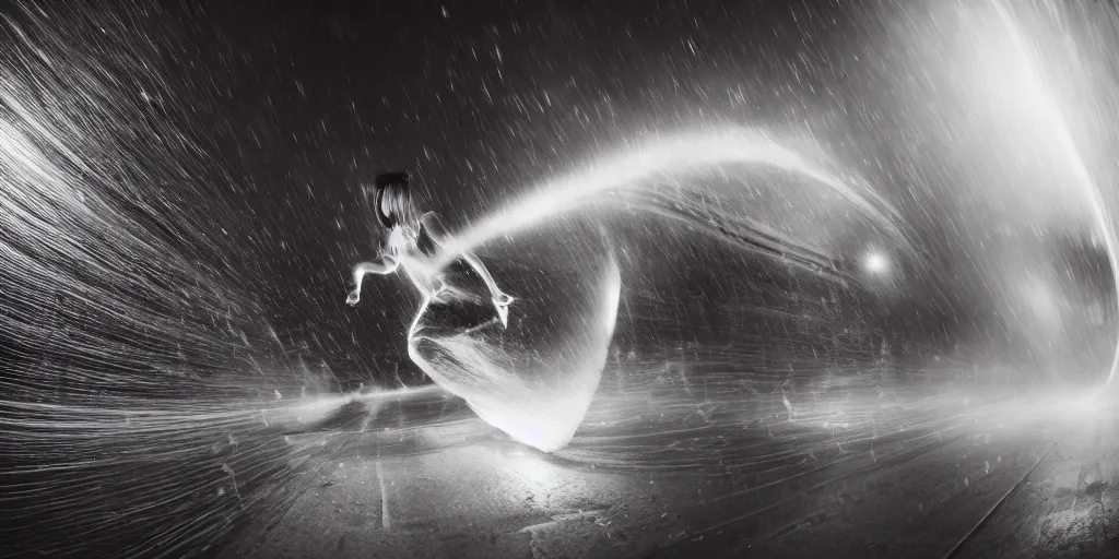 Image similar to slow motion with trail effect of futuristic break dancer wearing floating long dress, long exposure shot , at night in the middle of a rainy street, paddle of water, steam, fog, water splashes, rim lights, glossy reflections, water droplets on lens, octane render, dark and dramatic, detailed and soft, 10mm fisheye