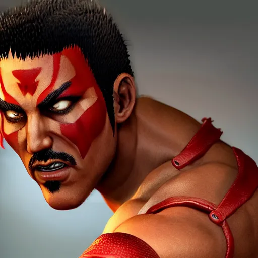 Image similar to freddy mercury as ryu street fighter, face detail, ultra realistic, concept art, intricate details, highly detailed, photorealistic, octane render, 8 k, unreal engine, art by frank frazetta, simon bisley, brom